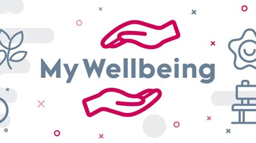 MyWellbeing banner with graphics of a pair of hands, a person on a bicycle and a park bench under a tree