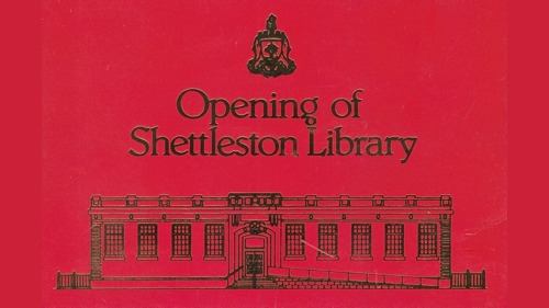 Red invitation to the opening of a library