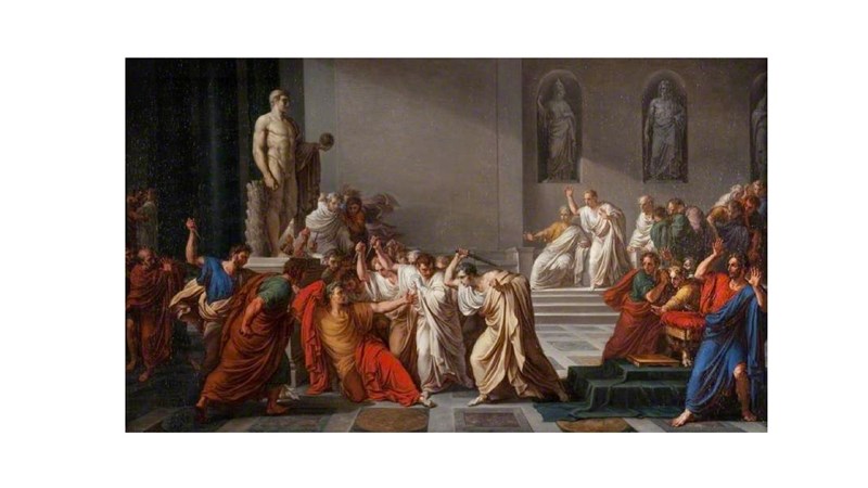 a large painting showing a Roman gathering and Caesar in a large white marble building.
