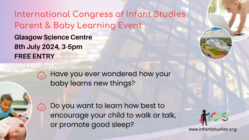 Poster for baby event with images of crawling baby and smiling toddlers