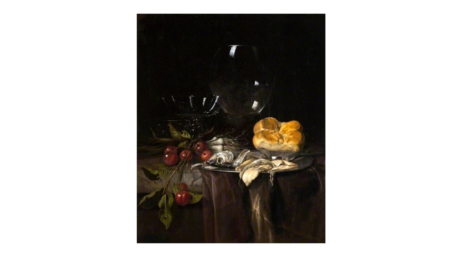 a dark still life painting showing food against a dark background.