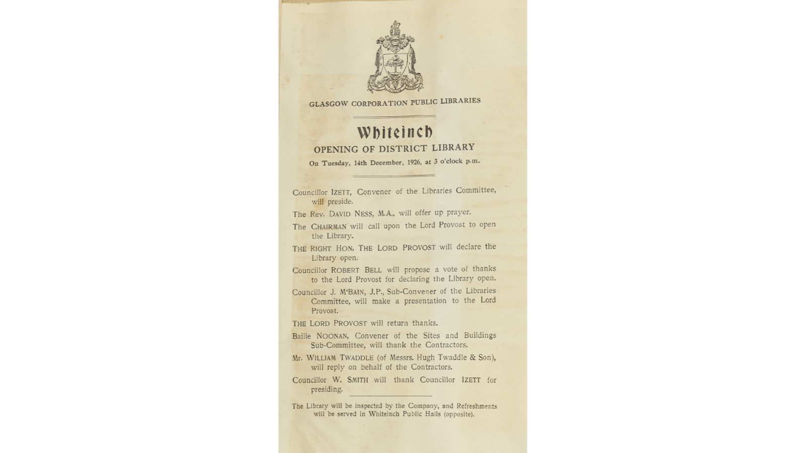 Printed event program for the opening of Whiteinch District Library on Tuesday, 14th December 1926, featuring the Glasgow coat of arms at the top.