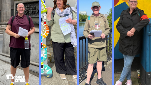 Collage of four people standing in front of Glasgow city backdrops