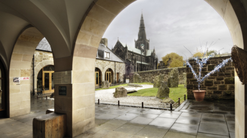 Photograph showing a view of the Zen garden at the rear of St Mungo Museum