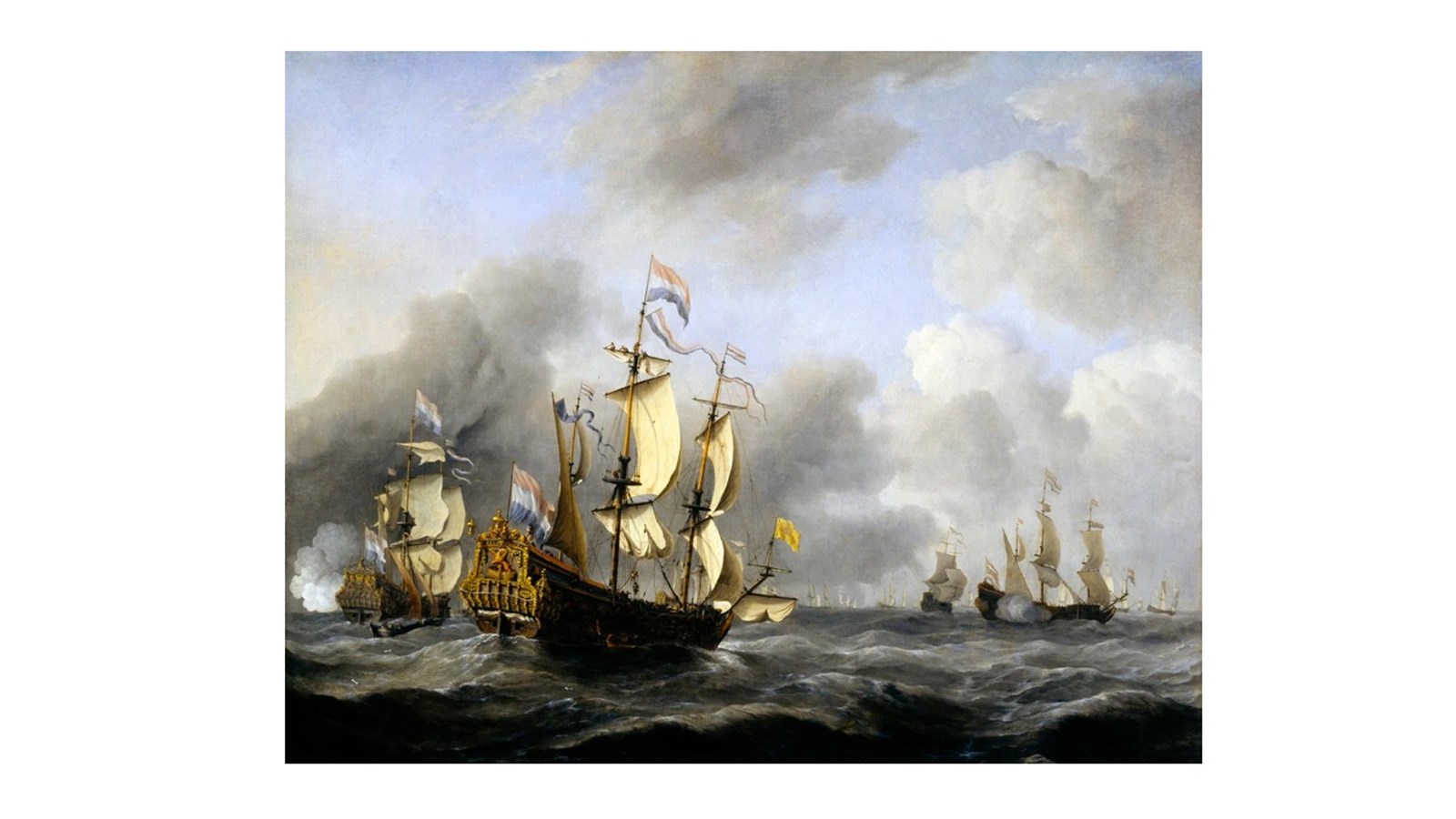 a nautical painting showing 4 rigged vessels with masts and sails on a cloudy day. The ships are progressively further away from the viewers eye.