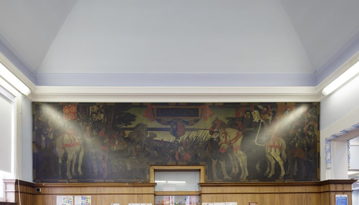 A close-up image of the 'Queen Mary at the Battle of Langside' mural