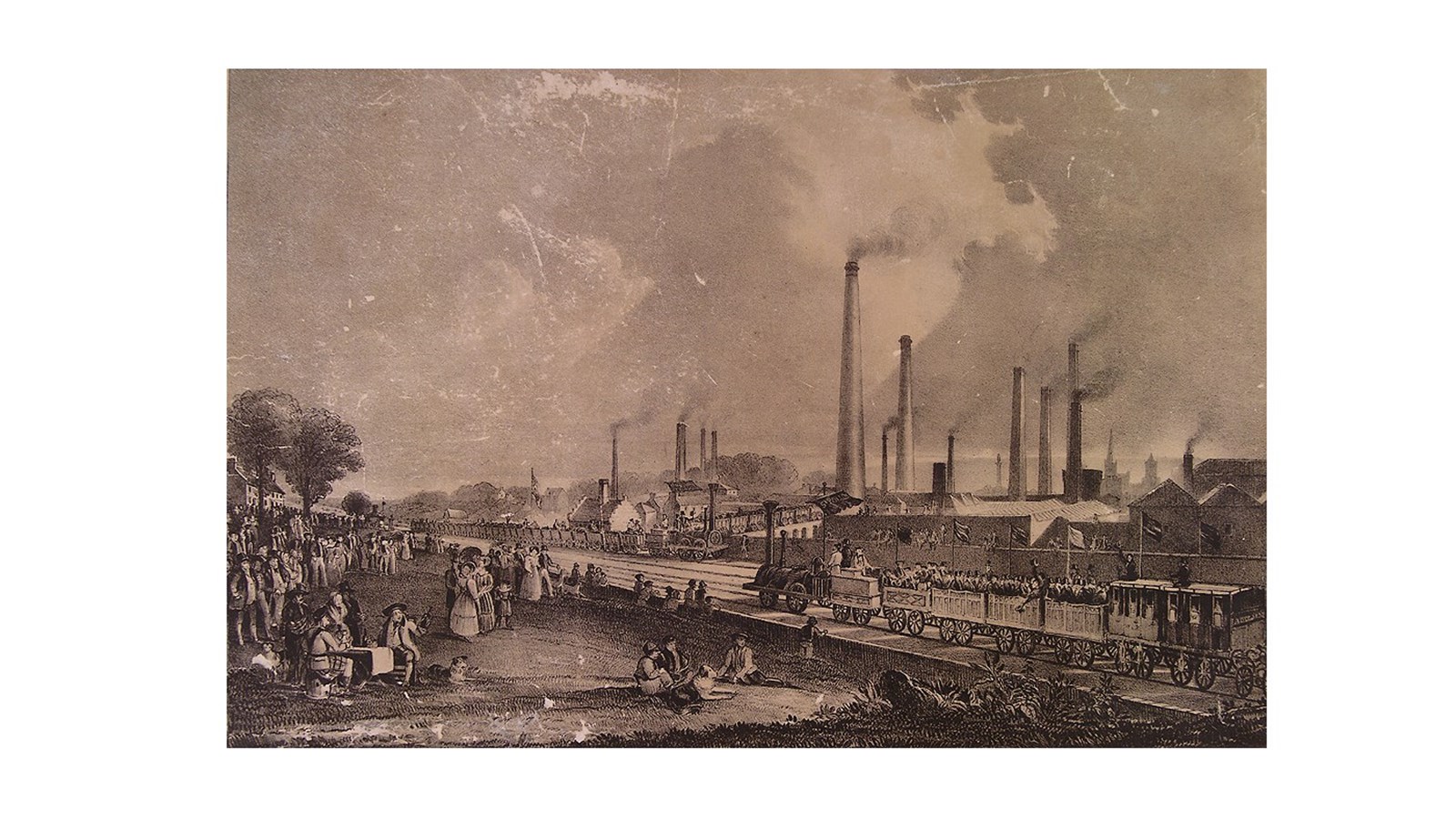 a monochrome drawing of an industrial scene with tall, slender chimneys belching smoke into the sky.