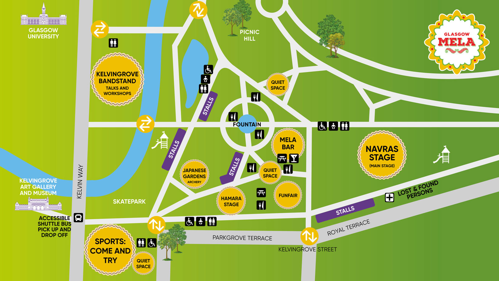 A map that details Kelvingrove Park in relation to the Glasgow Mela event activations.