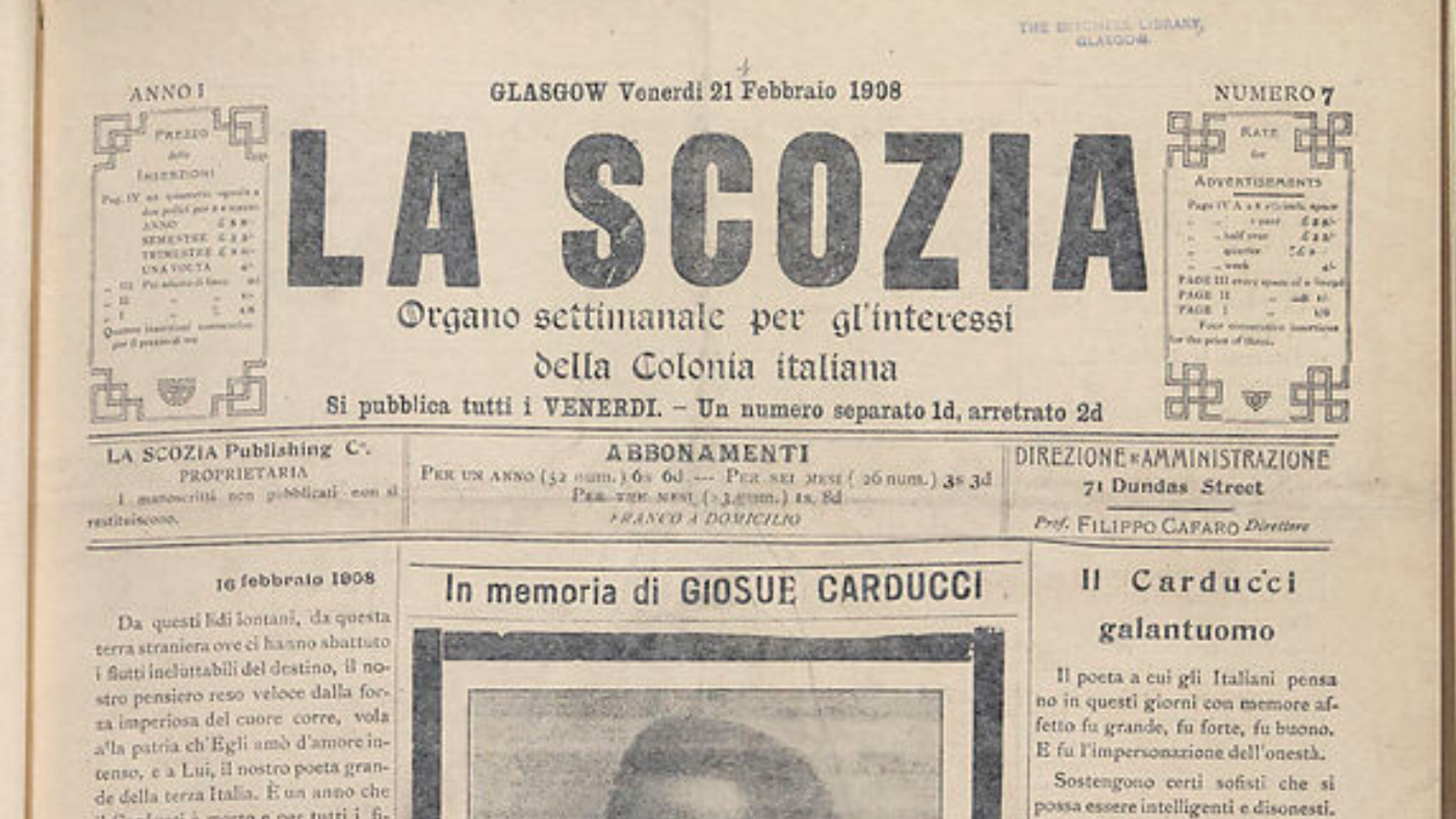 Front page header of 'La Scozia' Italian-language newspaper published in Glasgow on Friday, 21 February 1908.