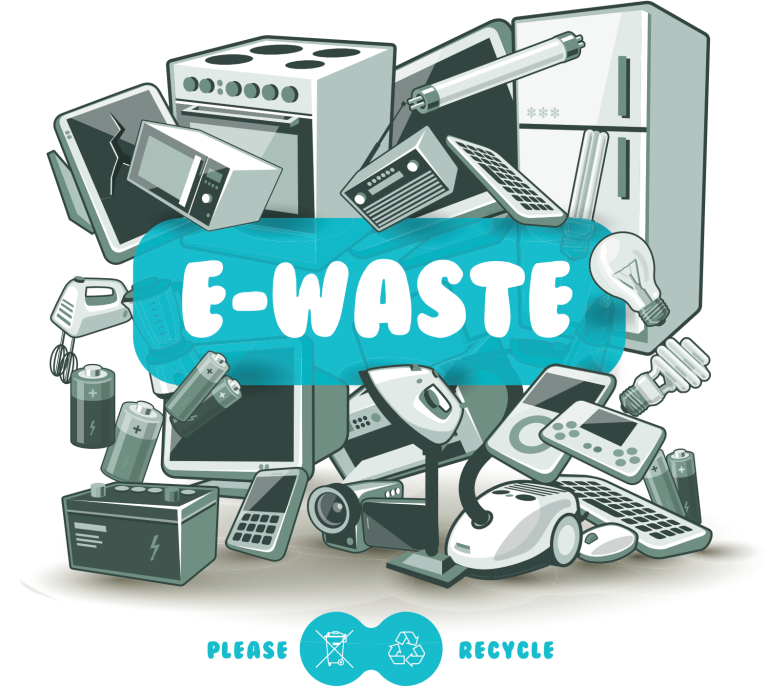 a graphic showing various forms of electrical waste with the words "e-waste" on top.