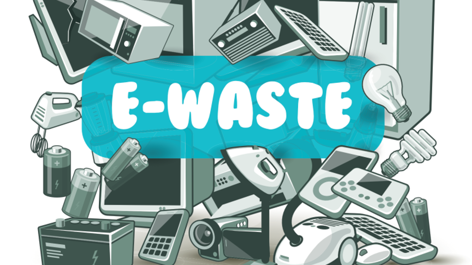 a graphic showing various forms of electrical waste with the words "e-waste" on top.