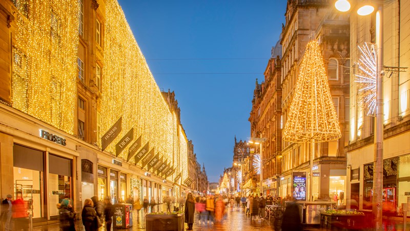 Buchannan Street at night with bright Christmas lights