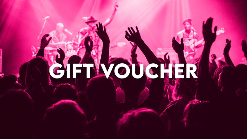A band on stage with a crowd with their arms up in the foreground. Black silhouette with pink stage lights and the words 'gift voucher'