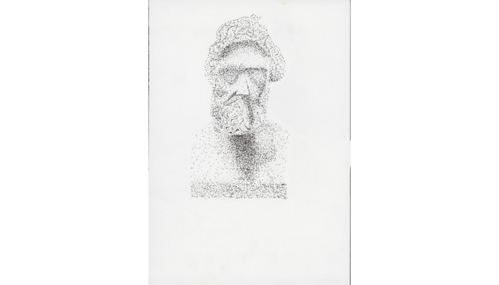 Ink drawing of head using pointillism technique