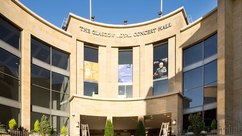 The outside of the Glasgow Royal Concert Hall on a sunny day