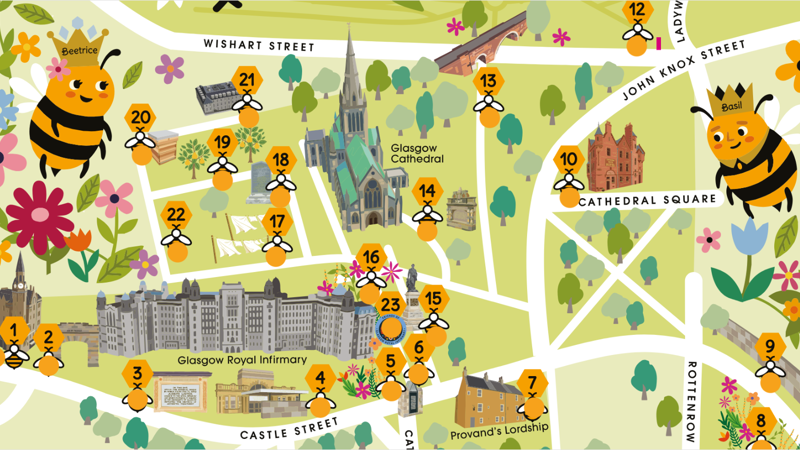 cartoon style map featuring bees and Glasgow streets.