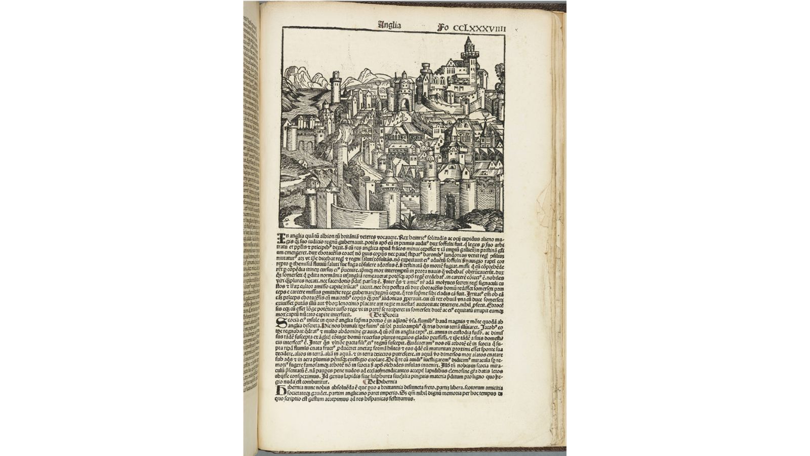 A single printed page from an early Latin book featuring a square woodcut illustration of a fortified city above columns of Latin text.