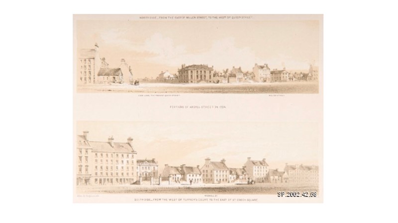two pencil sketches of Glasgows Queen Street showing an evolution of buildings