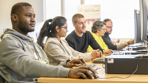 A group of five people sit in a row, each on a computer, it looks as thought they are engaged in studying