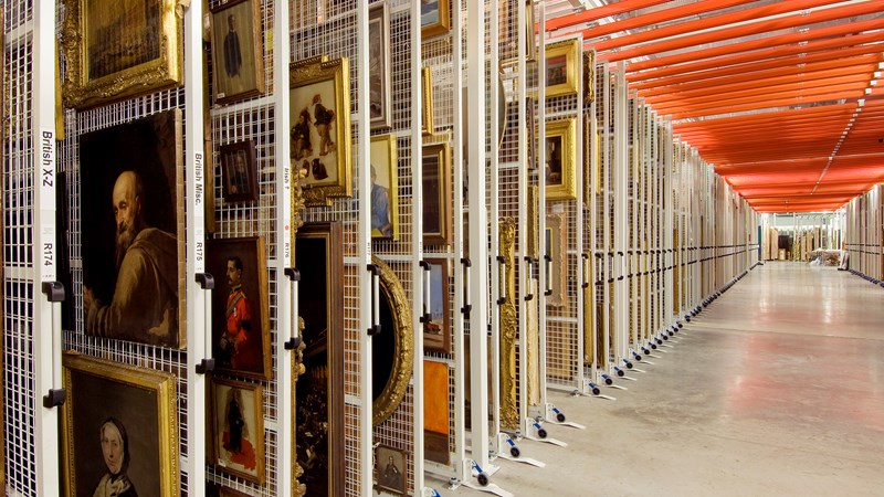 Photograph showing the painting store and its racks at Glasgow Museums Resource Centre