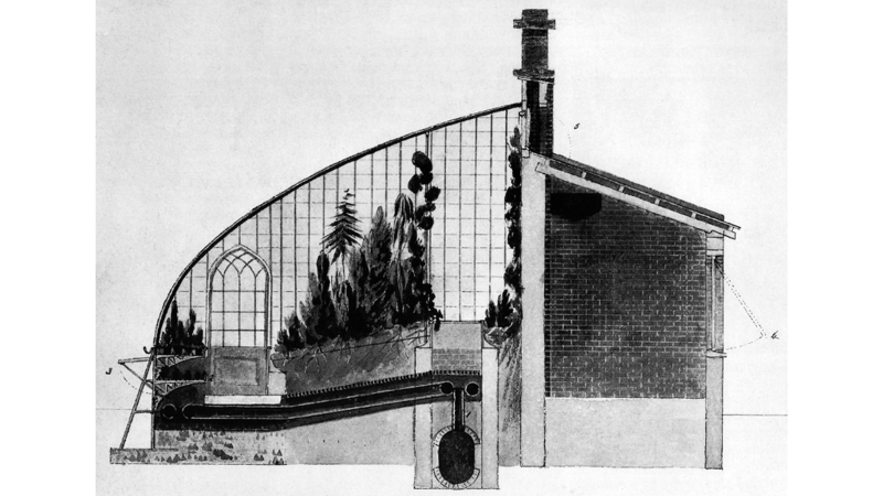 Diagram of a greenhouse with a curved roof